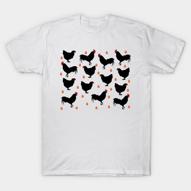 Chickens, cockerels and eggs on white T-Shirt by ownedandloved